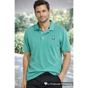 Pshycho Bunny Men's Polo Shirt XL size 9 Green Embroidered Bunny Logo Golf Polo